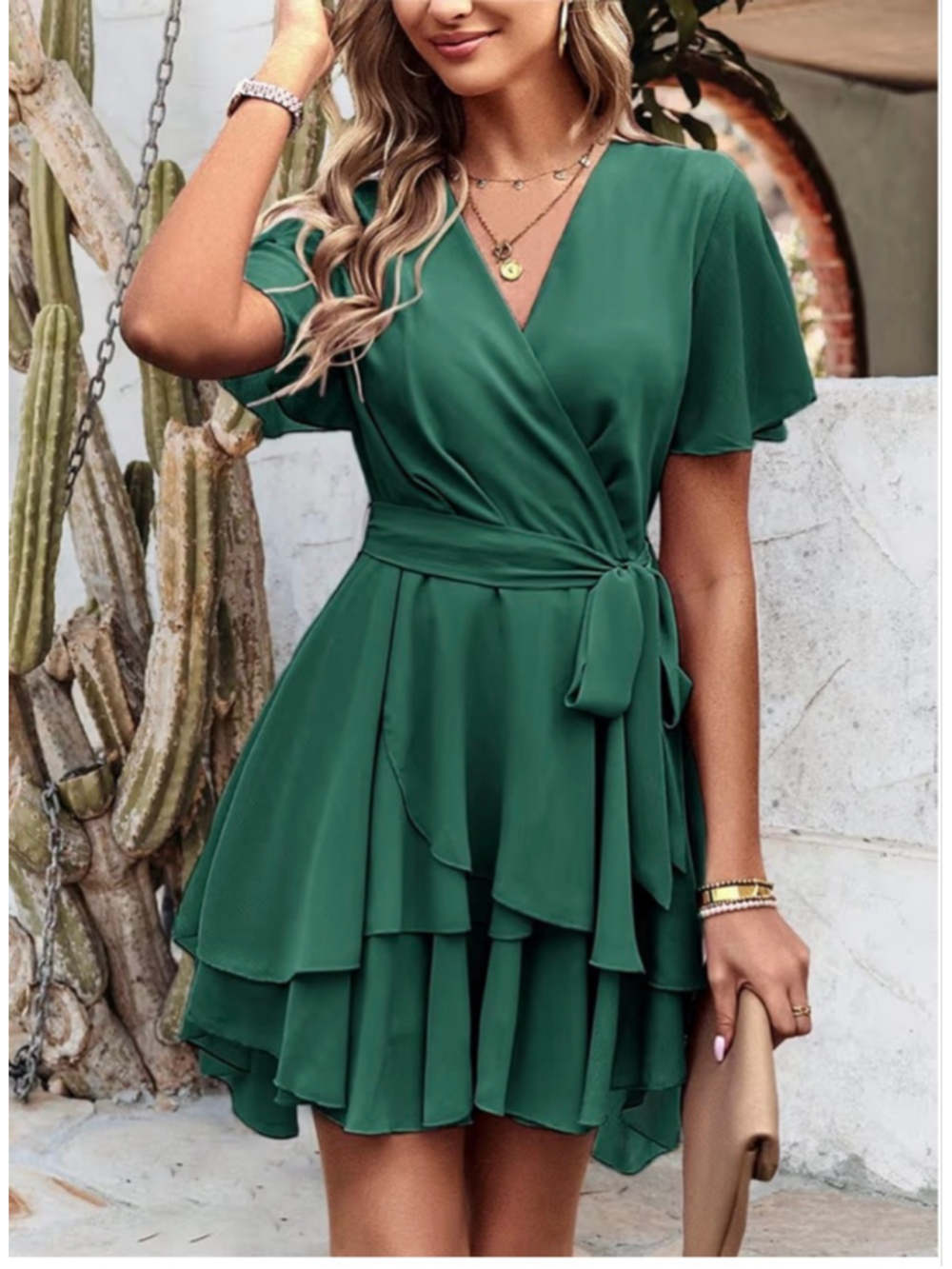 NEW Short Sleeve Layer Hem V Neck Belted Mini Dress S - Picture 1 of 3